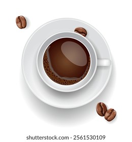 Coffee Cup Vector. Top View. Hot Americano Coffee. Espresso Fast Food Cup Beverage. Bubbles. White Mug. Eps 10.realistic