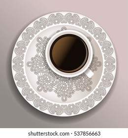 Coffee cup with vintage lace. Vector illustration