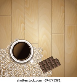 Coffee cup with vintage lace and wood background. Vector illustration