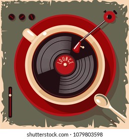 Coffee cup with vinyl record. Lounge cafe bar vintage illustration. Vector retro style.