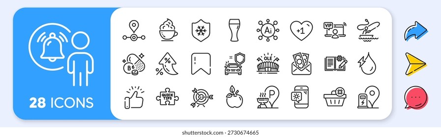 Taza de café, acceso Vip e iconos de línea de alimentos Eco. Tasa de interés, IA generan, iconos de inflación. Paquete de la notificación del usuario, orden del Borrar, icono de la pesca del barco. Vector