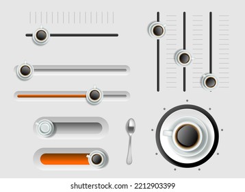 Coffee Cup Volume Dial And Power Level Realistic Vector Isolated Set. Scale Knob, Button And Switcher Illustration. Gauge Design Template View From Above