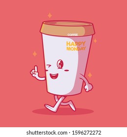 Coffee Cup walking vector illustration. Motivation, inspiration, food design concept