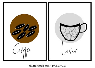 Coffee and cup wall art. Minimalist design concept of kitchen wall decor. Set two wall decorations. Vector Ilustration.