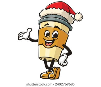 Coffee cup wearing a Christmas hat cartoon mascot illustration character vector clip art
