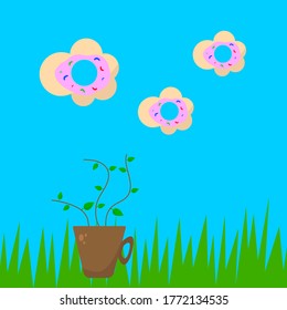 coffee cup from which plants with green leaves grow sky shaped donuts concept of a popular invigorating drink and dessert