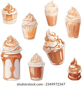 Coffee cup with whipped cream and caramel. watercolor illustration.