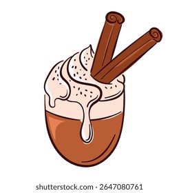 Coffee cup with whipped cream and cinnamon sticks in flat style. Perfect for cafe menu, bakery package isolated on white background.