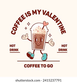 Coffee cup with whipped cream dancing and smiling. Confectionery sprinkles, heart lollipop. Trendy old retro cartoon style. Groovy vintage poster for valentines day, sticker, poster, design. 1970s, 60