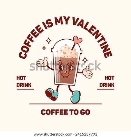 Coffee cup with whipped cream dancing and smiling. Confectionery sprinkles, heart lollipop. Trendy old retro cartoon style. Groovy vintage poster for valentines day, sticker, poster, design. 1970s, 60