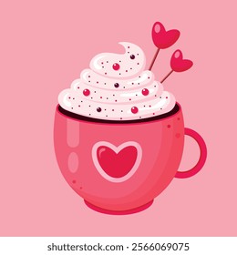 Coffee in cup with whipped cream  and decorative elements isolated on pink background. Coffee for Valentines Day design. Design for  coffeeshops, shops,  cafeterias. Vector illustration.