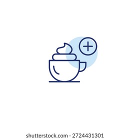Coffee cup with whipped cream and plus symbol. Work break, caffeine boost. New positions in the menu. Pixel perfect, editable stroke vector icon