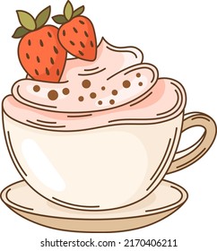 Café con crema batida y fresa clíparte. Bomba de chocolate caliente con ilustración vectorial de zefír. Bebé dulce al estilo de las caricaturas