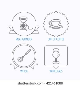 Coffee cup, whisk and wineglass icons. Meat grinder linear sign. Award medal, star label and speech bubble designs. Vector