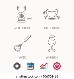 Coffee cup, whisk and wineglass icons. Meat grinder linear sign. Calendar, Graph chart and Cogwheel signs. Download colored web icon. Vector