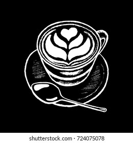 Coffee cup white chalk on black chalkboard vector illustration. Coffee cup with heart foam drawing. Morning breakfast drink by white chalk on blackboard. Cappuccino with milk foam. Coffee shop logo
