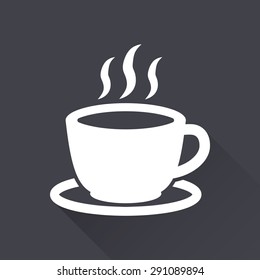 Coffee cup - white icon with a long shadow on a black background. Vector illustration.