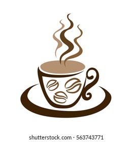 Coffee cup white on brown background, illustration