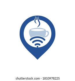 Coffee cup with WiFi and pin pointer vector icon logo. Creative logo design template for cafe or restaurant.