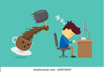 Coffee cup will wake worker up with use hammer smash. This illustration about coffee will wake you up for work and other.