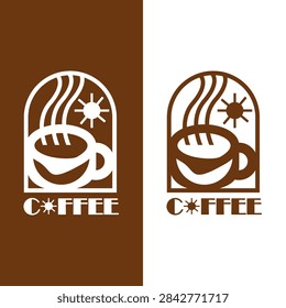 Coffee Cup Window Logo - Steaming Cup Vector Icon with Sun