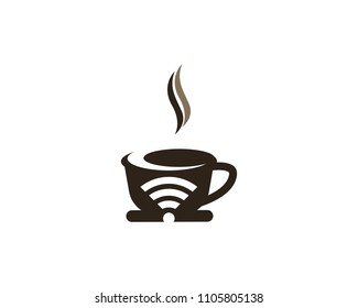 Coffee cup with wireless icon logo design vector template