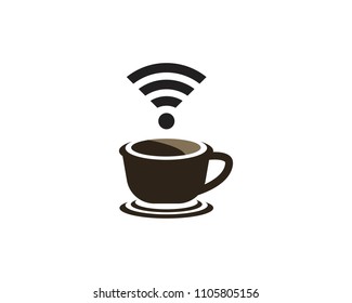 Coffee cup with wireless icon logo design vector template
