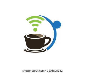 Coffee cup with wireless icon logo design vector template