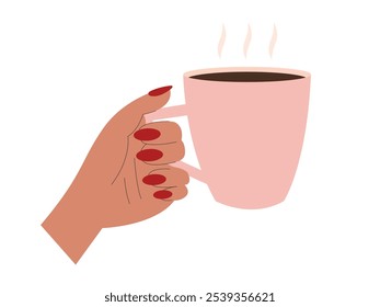 Coffee cup in woman hand with red manicure flat vector illustration