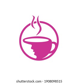 Coffee cup with women face logo vector. Coffee shop logo design.	