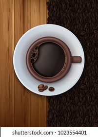 Coffee cup with wood texture and coffee beans background