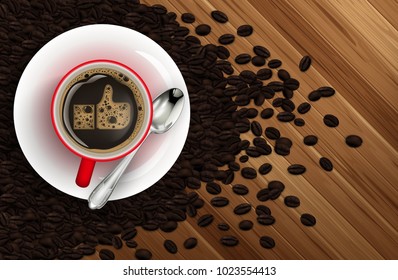 Coffee cup with wood texture and coffee beans