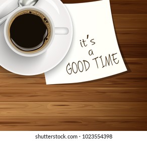 Coffee cup with wood texture and white paper