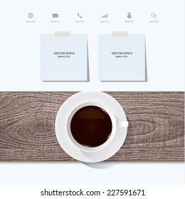 Coffee cup with wood texture and white paper stick. Vector webpage idea for template design.