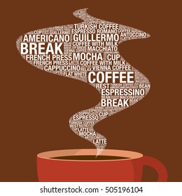 Coffee cup with word cloud steam, vector illustration