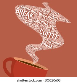 Coffee cup with word cloud steam, vector illustration