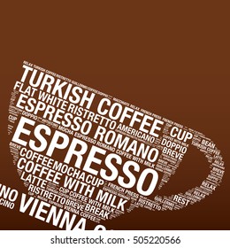 Coffee cup with word cloud, vector illustration