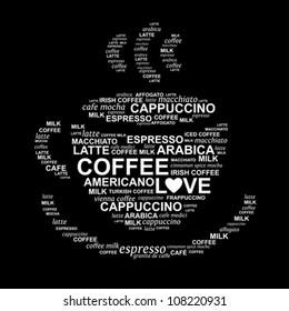 Coffee cup from words - typographic composition - vector