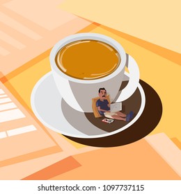 coffee cup with working man in shadow on table. freelacener work at home or workspace concept - vector illustration