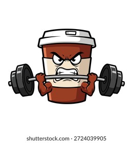 Treino de xícara de café com rosto irritado fazendo exercício de levantamento de peso no ginásio de fitness. Mascote de café forte. Design esportivo e bem-humorado. Personagem de café levantando barbell.