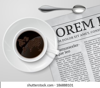 Coffee cup with world map inside and spoon on newspaper morning breakfast concept vector illustration