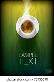 Coffee cup with world map on green background, top view. Eps10 vector