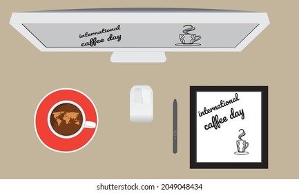 Coffee cup with world map and tablet, stylus pen, pc on table .Showing same design pc and tablet display with International Coffee Day quote,Illustration with slogan for print, banner, flyer, poster,