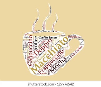 Coffee cup with worldwide typed of cofee concept. Word cloud, tag cloud text business concept. Word collage. Vector illustration.