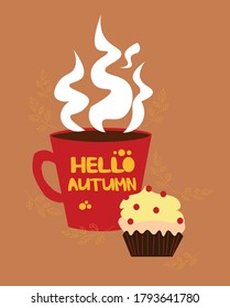 Coffee with cupcake in autumn vector illustration