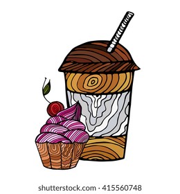 Coffee and cupcake. Breakfast, snack, lunch. Healthy food concept. Vector illustration. Hand drawn