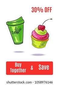 Coffee and cupcake with cherry. Cartoon hand drawn vector illustration. Template for advertising poster, menu, banner, discount coupon.