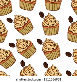 
Coffee cupcake. Seamless pattern. On a white background, a coffee muffin decorated with coffee grains. Multi-colored image. Vector illustration.