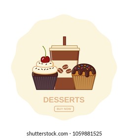 Coffee and cupcakes icons. Vector illustration. Sweet chocolate snacks and hot drink. Template for online shopping. Junk desserts of cafe or restaurant.