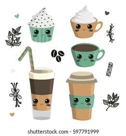 Coffee and cupcakes. Set of vector illustrations of cute desserts. Collection.